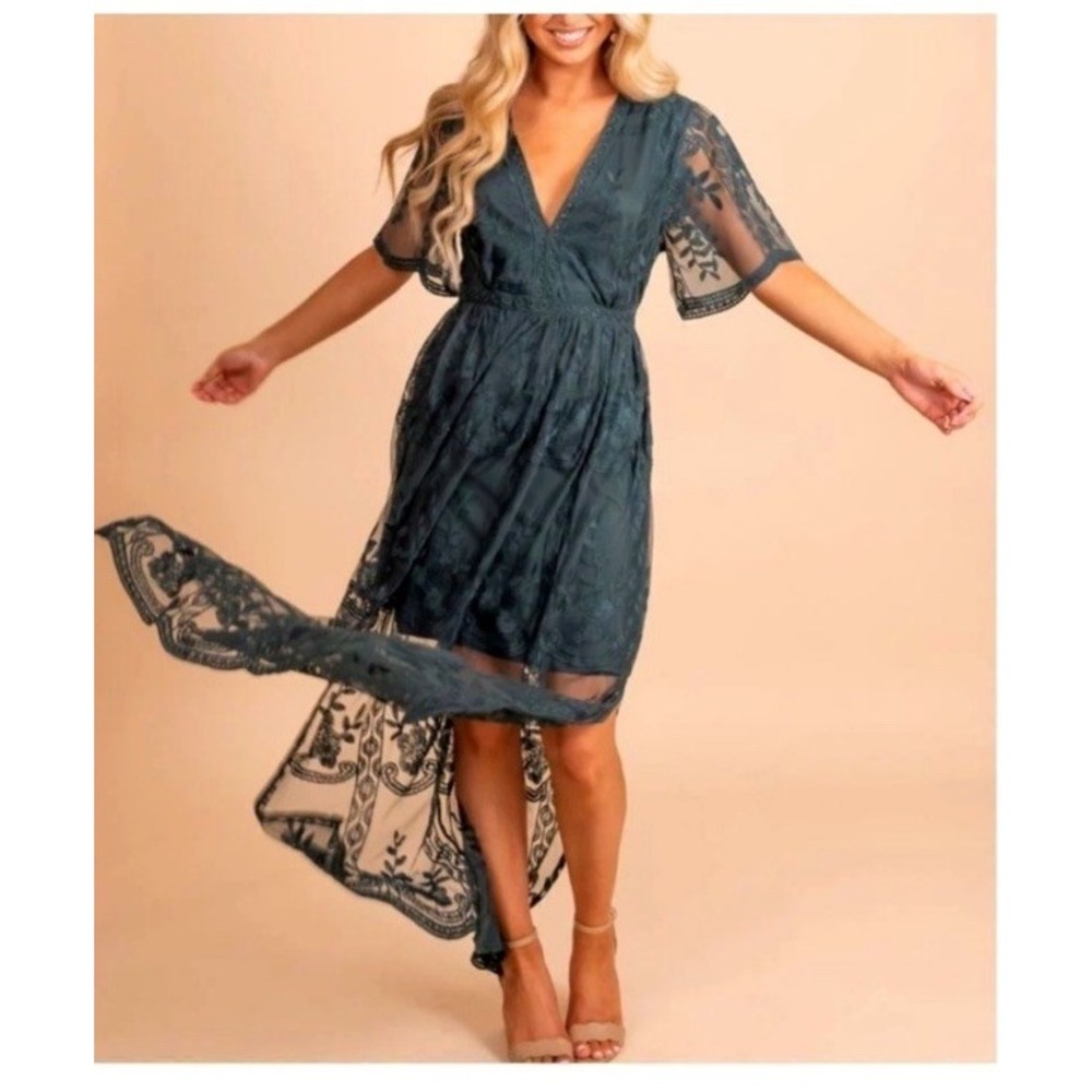 Bella Ella Boutique Sz L Light My Fire Lace Dress Dark‎ Green Boho Cottagecore